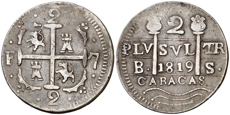 1819. Fernando VII. Caracas. BS. 2 reales. (Cal. 844). 5,10 g. Leones y castillo...