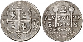 1819. Fernando VII. Caracas. BS. 2 reales. (Cal. 844). 5,10 g. Leones y castillos. Rara. MBC.