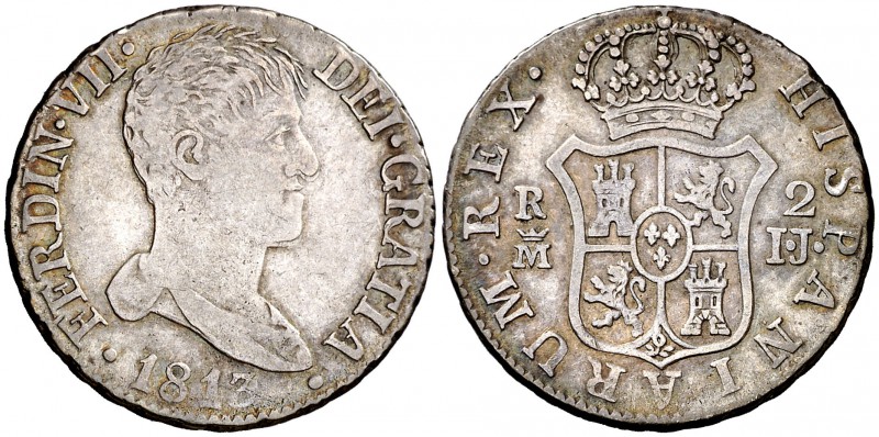 1813. Fernando VII. Madrid. IJ. 2 reales. (Cal. 912). 5,93 g. Busto desnudo. Pát...