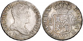 1813. Fernando VII. Madrid. IJ. 2 reales. (Cal. 912). 5,93 g. Busto desnudo. Pátina. Escasa. MBC-/MBC.