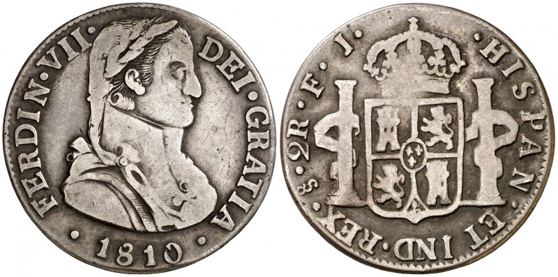 1810. Fernando VII. Santiago. FJ. 2 reales. (Cal. 1016). 5,18 g. Busto almirante...
