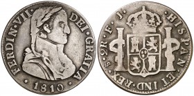 1810. Fernando VII. Santiago. FJ. 2 reales. (Cal. 1016). 5,18 g. Busto almirante. Escasa. MBC-.