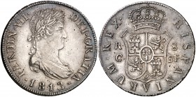1813. Fernando VII. Catalunya (Mallorca). SF. 8 reales. (Cal. 383). 26,87 g. Segundo busto laureado. Leves impurezas. Pátina. Muy rara. MBC/MBC+.