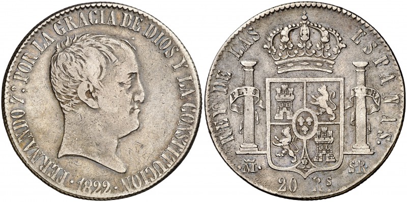 1822. Fernando VII. Madrid. SR. 20 reales. (Cal. 516). 27 g. Tipo "cabezón". Esc...