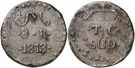 1813. Fernando VII. Tierras Calientes. 8 reales. (Cal. 655). 27,57 g. CU. Golpecitos. Rara. MBC-.