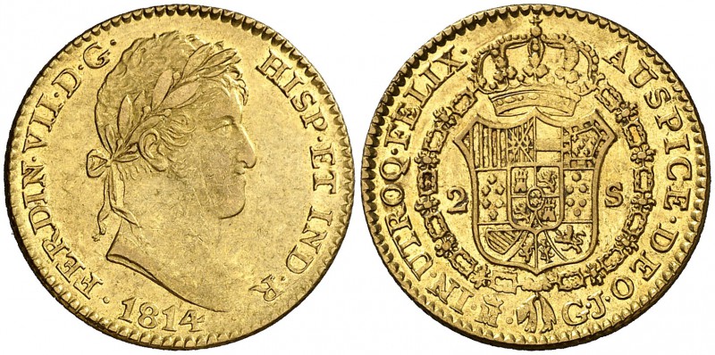 1814. Fernando VII. Madrid. GJ. 2 escudos. (Cal. 210). 6,72 g. Primer año de bus...