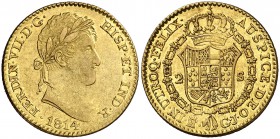 1814. Fernando VII. Madrid. GJ. 2 escudos. (Cal. 210). 6,72 g. Primer año de busto laureado. Leves rayitas. Parte de brillo original. MBC+/EBC-.