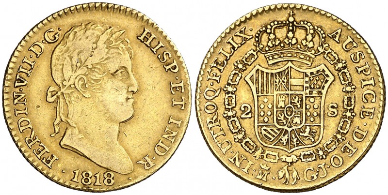 1818. Fernando VII. Madrid. GJ. 2 escudos. (Cal. 214). 6,65 g. MBC/MBC+.