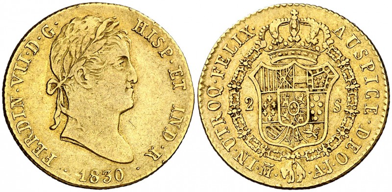 1830. Fernando VII. Madrid. AJ. 2 escudos. (Cal. 227). 6,71 g. MBC/MBC+.