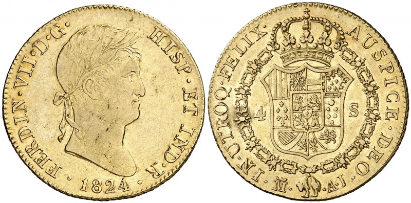 1824. Fernando VII. Madrid. AJ. 4 escudos. (Cal. 152). 13,48 g. Última moneda de...