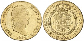 1824. Fernando VII. Madrid. AJ. 4 escudos. (Cal. 152). 13,48 g. Última moneda de este módulo. Levísimas hojitas. Parte de brillo original. Ex Áureo & ...