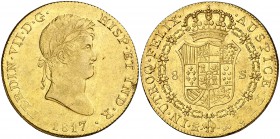 1817. Fernando VII. Madrid. GJ. 8 escudos. (Cal. 32) (Cal.Onza 1238). 26,99 g. Golpecito canto y leves rayitas. Parte de brillo original. Fecha rara. ...