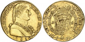 1810. Fernando VII. Santiago. FJ. 8 escudos. (Cal. 114) (Cal.Onza 1346). 26,98 g. Busto almirante. Hojitas y golpecitos. Escasa. MBC+.