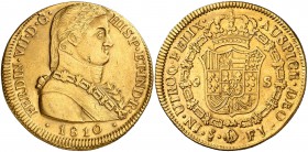1810. Fernando VII. Santiago. FJ. 8 escudos. (Cal. 115) (Cal.Onza 1347). 26,68 g. Busto almirante. Ceca invertida. Sin punto entre los ensayadores. Le...