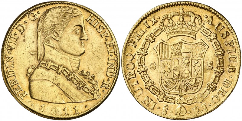 1811. Fernando VII. Santiago. FJ. 8 escudos. (Cal. 116) (Cal.Onza 1348). 26,95 g...