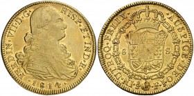 1814. Fernando VII. Santiago. FJ. 8 escudos. (Cal. 122) (Cal.Onza 1358). 26,97 g. Atractiva. Parte de brillo original. EBC-.