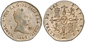1847. Isabel II. Segovia. 2 maravedís. (Cal. 559). 2,32 g. Manchita. EBC/EBC+.