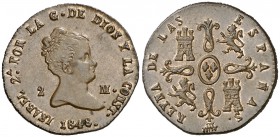 1848. Isabel II. Segovia. 2 maravedís. (Cal. 560). 2,32 g. Bella. EBC+/S/C-.
