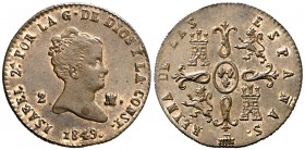 1849. Isabel II. Segovia. 2 maravedís. (Cal. 561). 2,12 g. Bella. Brillo original. EBC+/S/C-.