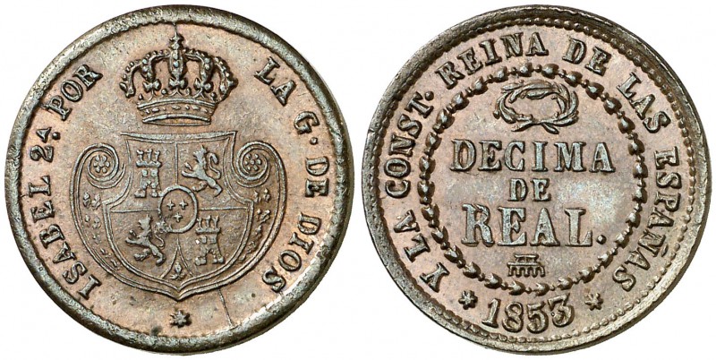 1853. Isabel II. Segovia. 1 décima de real. (Cal. 584). 3,81 g. Bella. EBC/EBC+....