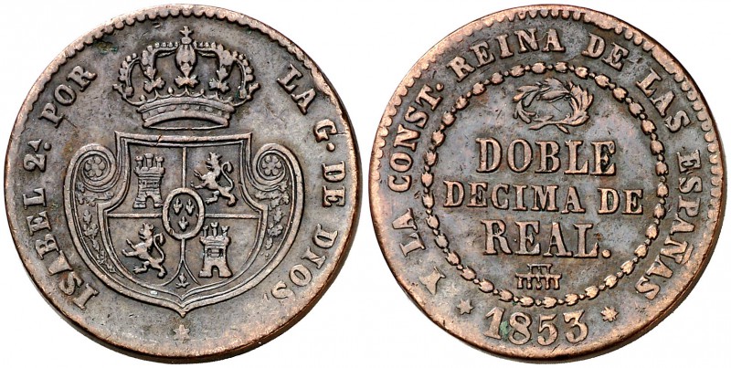 1853. Isabel II. Segovia. Doble décima de real. (Cal. 579). 7,59 g. Rara. MBC-.