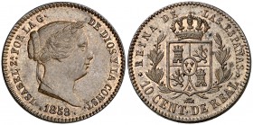 1859. Isabel II. Segovia. 10 céntimos de real. (Cal. 605). 3,62 g. Mínima rayita. Bella. Brillo original. S/C-/S/C.