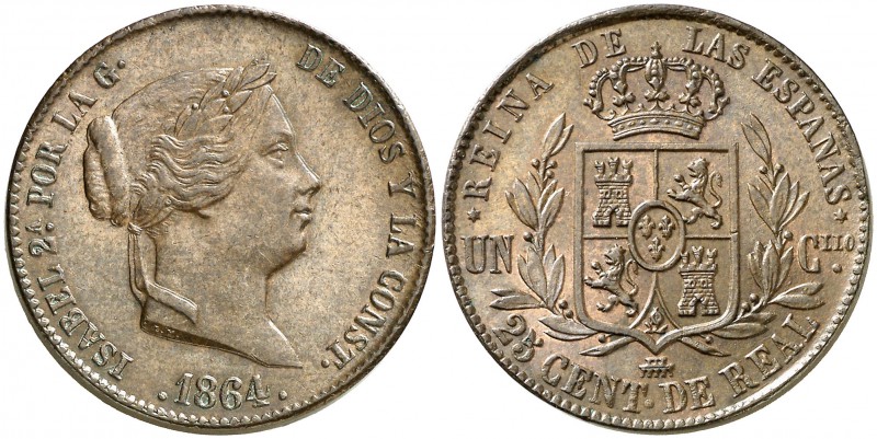 1864. Isabel II. Segovia. 25 céntimos de real. (Cal. 599). 10,23 g. Atractiva. E...