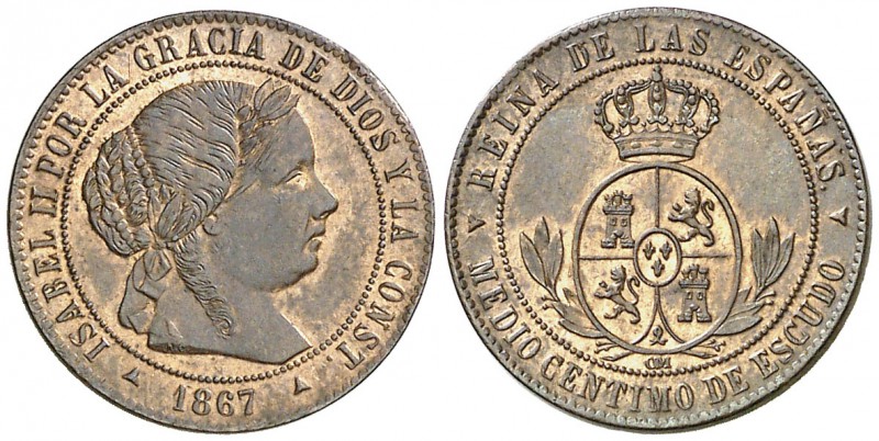 1867. Isabel II. Segovia. OM. 1/2 céntimo de escudo. (Cal. 677). 1,29 g. Parte d...