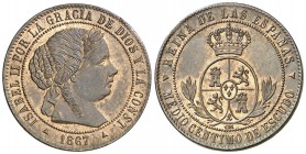 1867. Isabel II. Segovia. OM. 1/2 céntimo de escudo. (Cal. 677). 1,29 g. Parte de brillo original. EBC+.