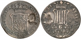 1837. Isabel II. Barcelona. 6 cuartos. (Cru.C.G. 6044b var). 13,89 g. Contramarca de busto femenino a derecha (¿Isabel II?). Muy curiosa. Ex Colección...