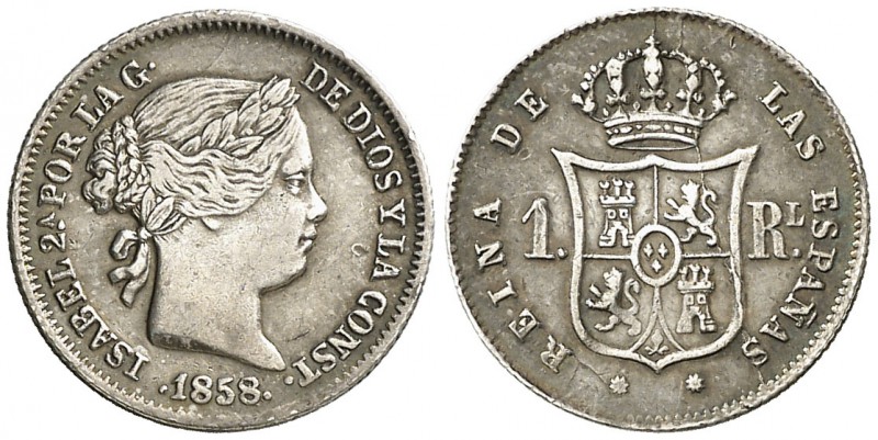 1858/7. Isabel II. Barcelona. 1 real. (Cal. 402 var). 1,26 g. Bonito color. Ex C...