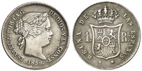 1858/7. Isabel II. Barcelona. 1 real. (Cal. 402 var). 1,26 g. Bonito color. Ex Colección O'Donnell, Áureo 19/11/2003, nº 177. EBC-/EBC.