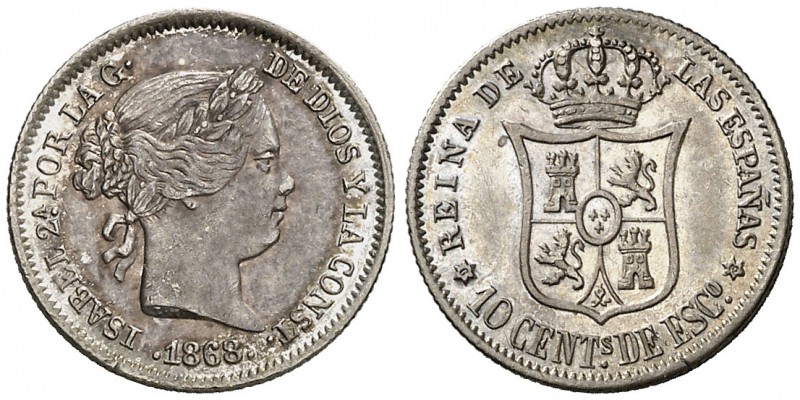 1868*68. Isabel II. Madrid. 10 céntimos de escudo. (Cal. 448). 1,29 g. Atractiva...