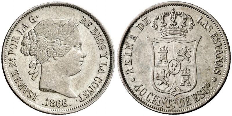 1866. Isabel II. Madrid. 40 céntimos de escudo. (Cal. 338). 5,15 g. Bella. EBC.