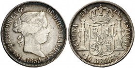 1859. Isabel II. Sevilla. 10 reales. (Cal. 246). 12,77 g. Muy escasa. BC+/MBC-.