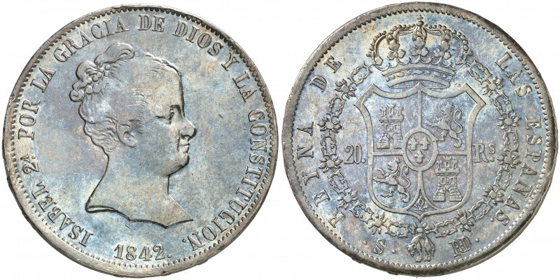 1842. Isabel II. Sevilla. RD. 20 reales. (Cal. 187). 26,87 g. Pátina artificial....