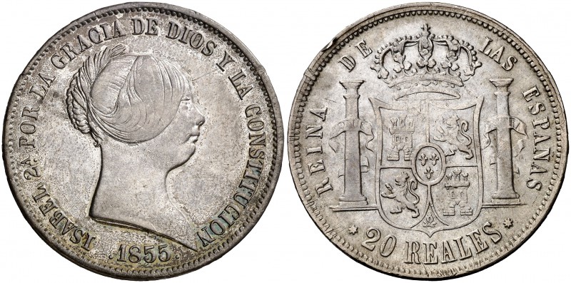 1855. Isabel II. Sevilla. 20 reales. (Cal. 193). 25,73 g. Leves golpecitos. Esca...