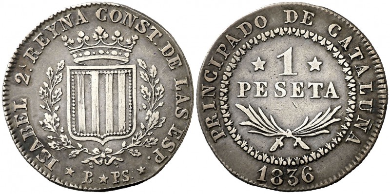 1836. Isabel II. Barcelona. PS. 1 peseta. (Cal. 257). 5,88 g. Canto estriado. Bo...