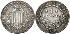 1836. Isabel II. Barcelona. PS. 1 peseta. (Cal. 257). 5,88 g. Canto estriado. Bonita pátina. Rara. MBC+.
