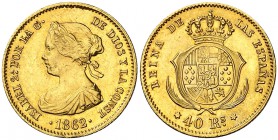 1862. Isabel II. Madrid. 40 reales. (Cal. 104). 3,32 g. Golpecito en canto. Escasa. MBC+/EBC-.