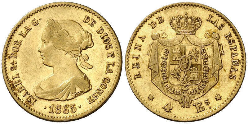 1865. Isabel II. Madrid. 4 escudos. (Cal. 108). 3,35 g. MBC+.