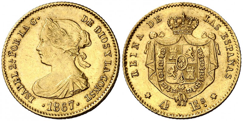 1867. Isabel II. Madrid. 4 escudos. (Cal. 111). 3,35 g. EBC-.