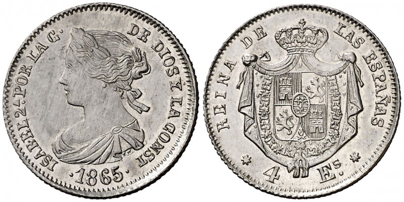 1865. Isabel II. Sevilla. 4 escudos. (Barrera 847). 3,45 g. Falsa de época en pl...