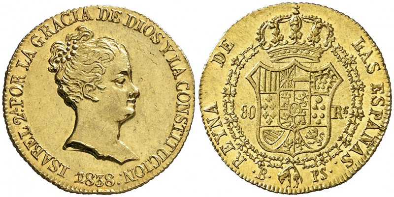 1838. Isabel II. Barcelona. PS. 80 reales. (Cal. 52). 6,78 grs. CONSTITUCION. Go...