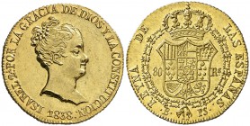 1838. Isabel II. Barcelona. PS. 80 reales. (Cal. 52). 6,78 grs. CONSTITUCION. Golpes en la base del busto. Pátina. Brillo original. Muy bella. Rara as...