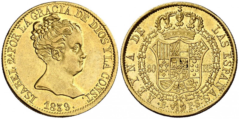 1839. Isabel II. Barcelona. PS. 80 reales. (Cal. 55). 6,74 g. Bella. Parte de br...