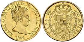 1839. Isabel II. Barcelona. PS. 80 reales. (Cal. 55). 6,74 g. Bella. Parte de brillo original. Escasa así. EBC.