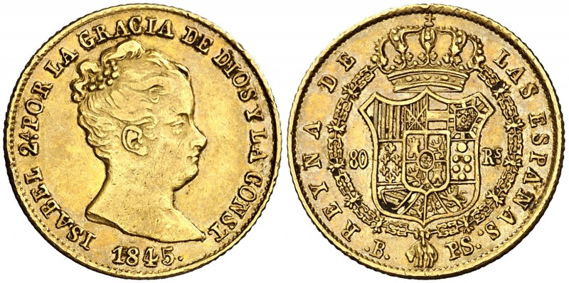 1845. Isabel II. Barcelona. PS. 80 reales. (Cal. 63). 6,73 g. Golpecitos. MBC/MB...