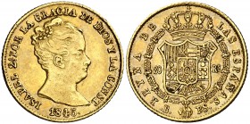 1845. Isabel II. Barcelona. PS. 80 reales. (Cal. 63). 6,73 g. Golpecitos. MBC/MBC+.