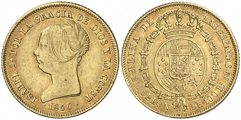 1850. Isabel II. Barcelona. SM. Doblón de 100 reales. (Cal. 1). 8,16 g. Leves go...